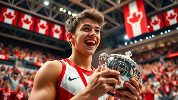 Young athlete in Canada jersey celebrates with trophy, joyous.