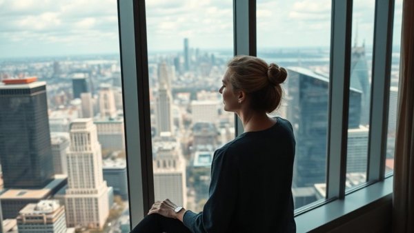Woman enjoying skyline view showcasing American Express Platinum Card benefits