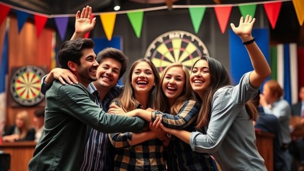 Family of dart throwing champions posing proudly in colorful attire.