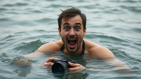 Vancouver Polar Bear Swim participant in cold ocean, holding camera.