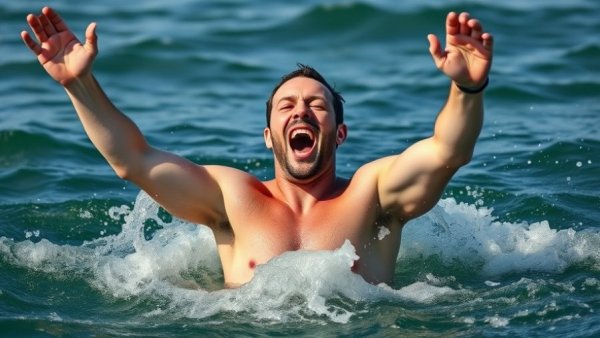 Excited man at Vancouver Polar Bear Swim raising arms in the ocean.