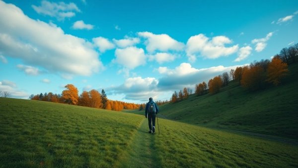 Hiker on a grassy hill during a pub walk in the Chilterns.