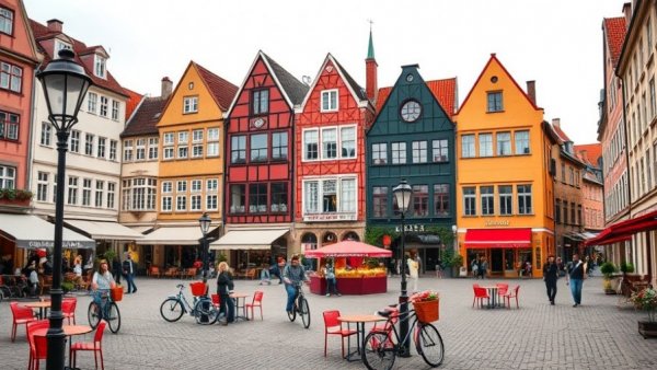 Charming European square with gabled buildings and cafes, ideal for day trips from England to Europe.