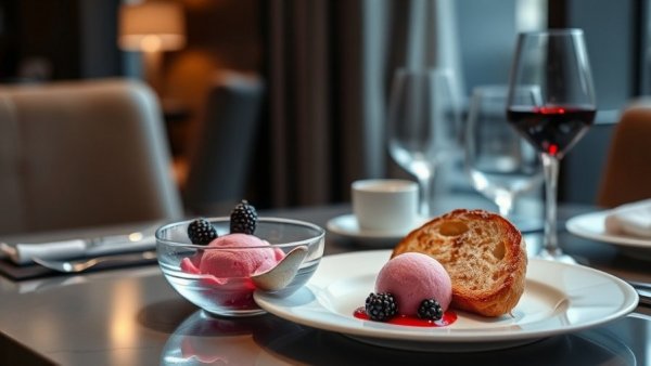 Elegant dining at Hilton with dessert served.