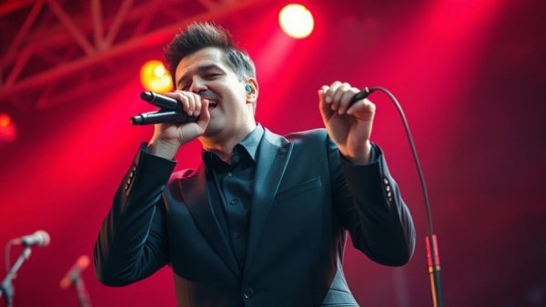 Energetic male singer at Vancouver concert in vibrant show.