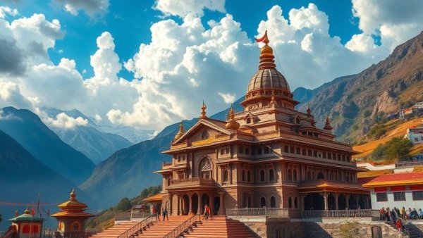 Colorful Badrinath Dham with mountains; serene atmosphere; artistic sky.