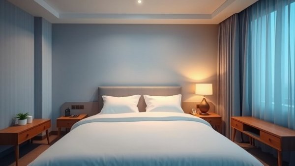 Shaza Hotels Revenue Management branding over serene blue hotel room.