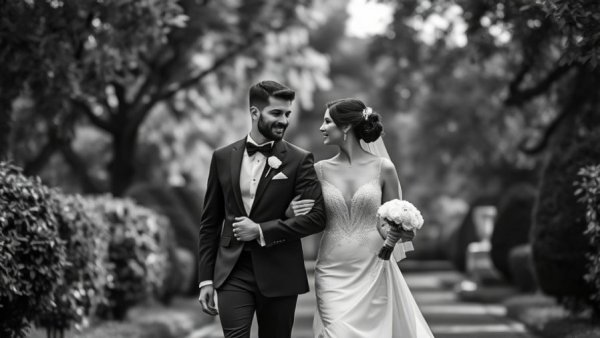 Elegant couple walking at a wedding venue in French Riviera.