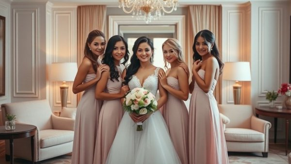 Elegant bride with bridesmaids in pastel gowns at romantic wedding at Four Seasons Boston.