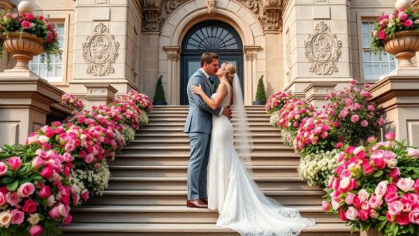 Romantic wedding inspiration: couple kissing on elegant steps.