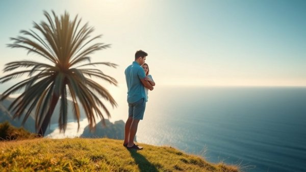 Newlywed couple on a cliff at Sandals Emerald Bay.