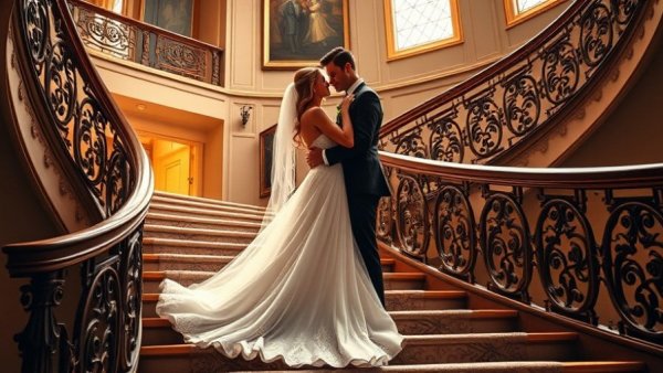 Elegant bridal couple on staircase embracing, Spring 2026 Wedding Trends.