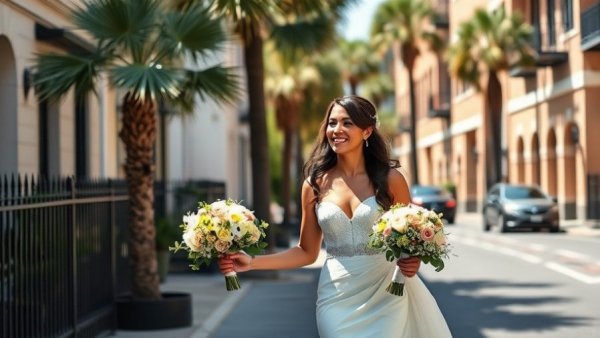 Elegant couple in Charleston wedding setting, bride smiling.