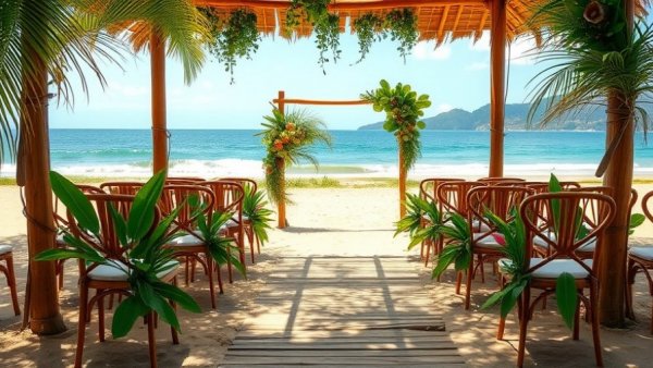Nature's Vow eco-chic inspiration: Beachfront wedding with bamboo and greenery.