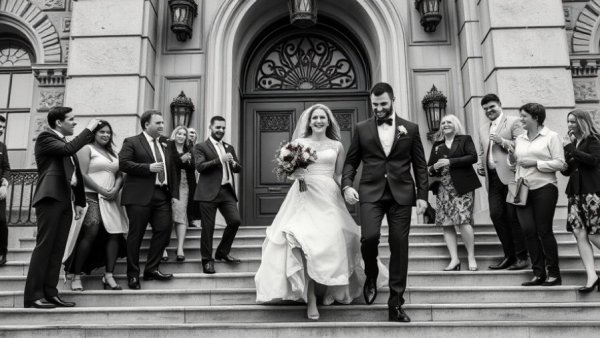 Joyful wedding photography: bride and groom celebrate with friends.