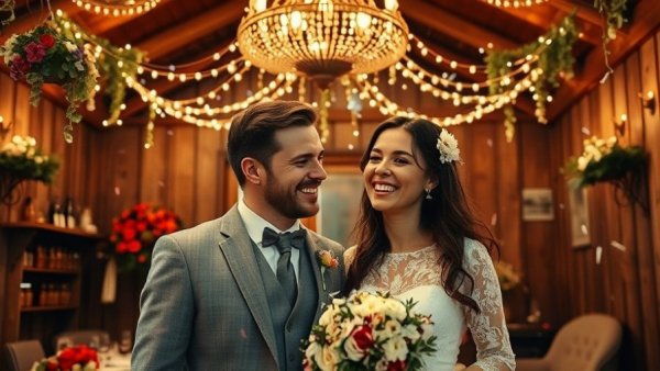Antique inspired wedding couple joyfully celebrating in rustic setting.