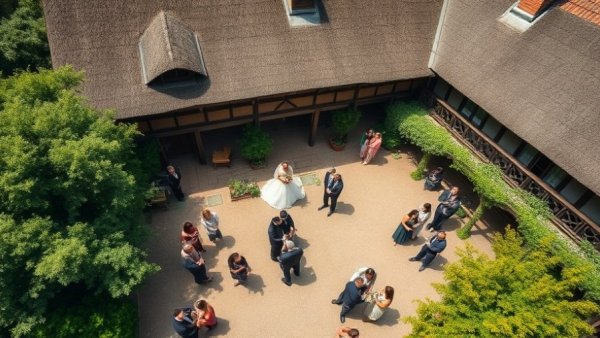 Charming home-inspired wedding ceremony in rustic courtyard with lush greenery.