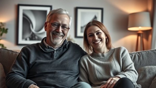 Wedding guest management tips: Middle-aged man and young woman smiling warmly indoors.