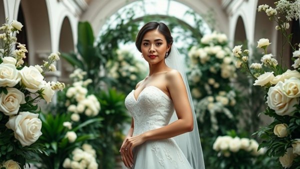 Elegant indoor garden wedding with bride and lush florals.