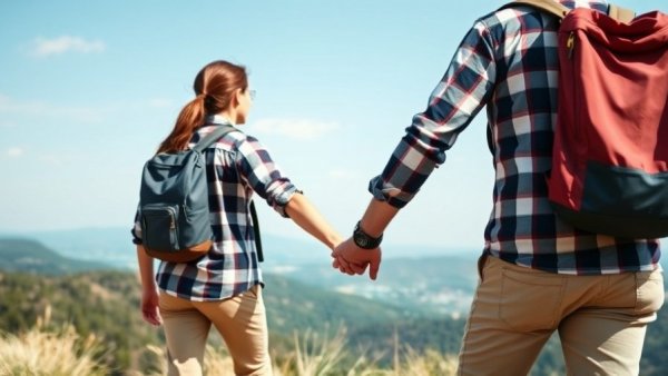 Couple hiking, holding hands; outdoor adventures for Valentine's Day.