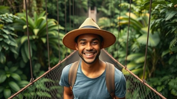 Traveler enjoying a suspension bridge walk in lush Costa Rica rainforest