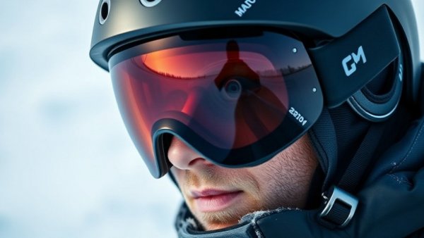 Skier in helmet and goggles ready for spring skiing in Europe.