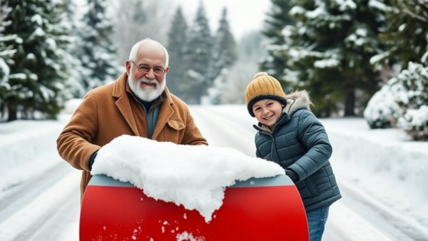 Nuxalk grandfather with grandson on driveway snow clearing machine.