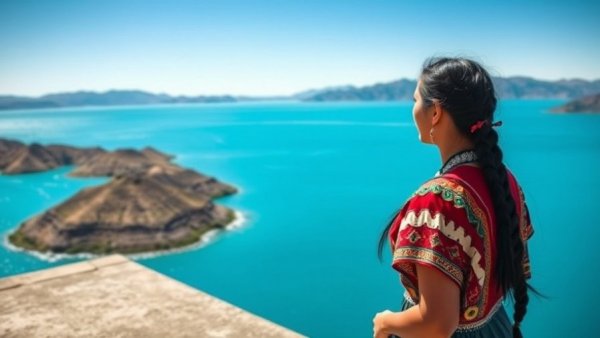 Traditional woman on Lake Titicaca shore in bright sunlight, Lake Titicaca travel guide.