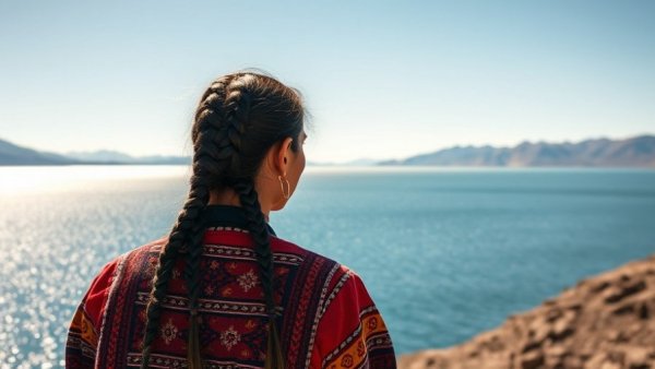 Traditional woman at Lake Titicaca, vibrant cultural scene