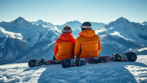 Snowboarders observing mountain landscape, highlighting avalanche risk in B.C.