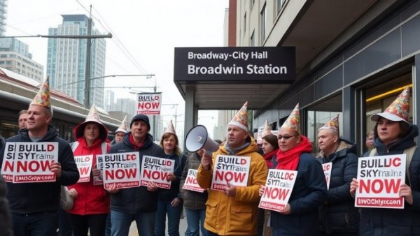 Protest at Broadway-City Hall for UBC SkyTrain extension delays.