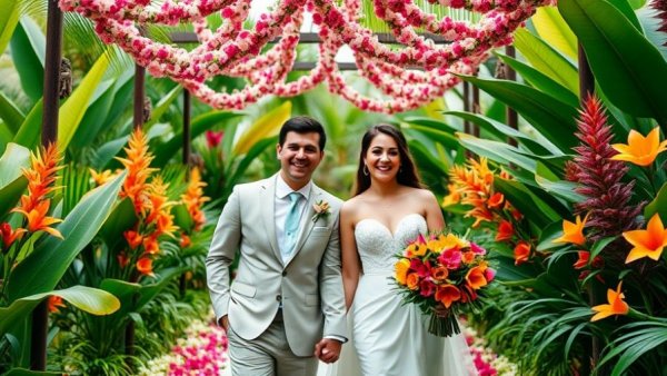 Destination wedding at Rosewood Mayakoba with joyful couple in garden.
