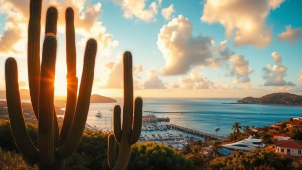 Sunset view of St. Barth harbor with cacti and yachts, best time to visit.