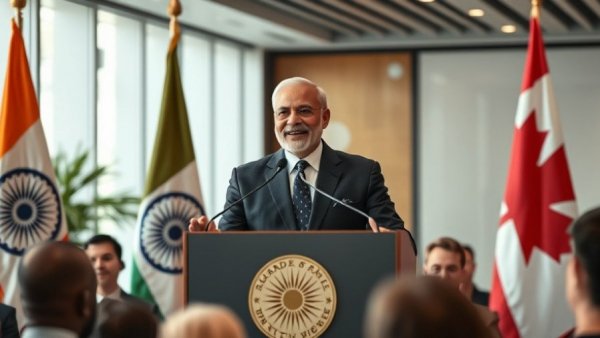 Speaker at British Columbia Trade Mission to India with flags of India and British Columbia.
