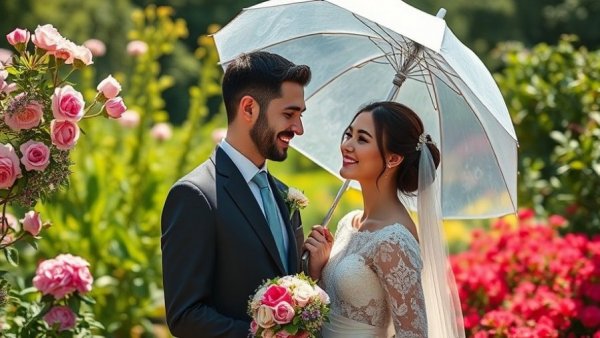Old World European garden wedding with bride and groom under parasol.