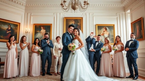 Elegant wedding party posing in formal setting.