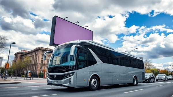 Modern bus in city for Manila to Clark bus schedules, vibrant sky.