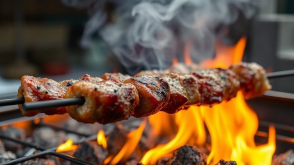 Close-up of barbecue skewers sizzling over flames, BBQ Culture from Around the World.