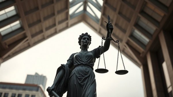 Silhouette of Lady Justice symbolizing justice under geometric ceiling.