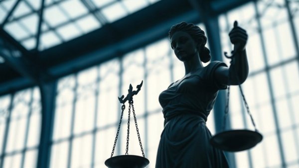 Blind justice statue silhouette holding scales in court setting.