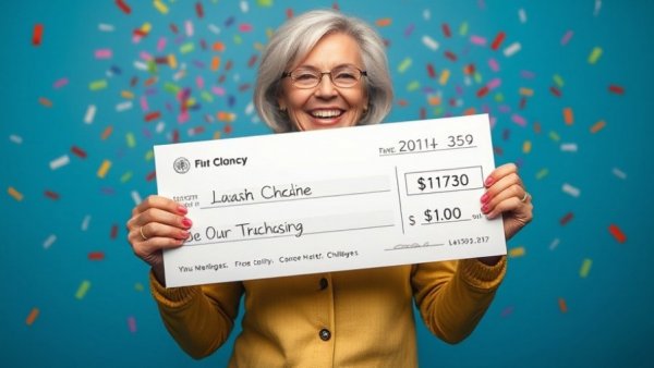 Joyful lottery winnings decision, woman smiling with check, confetti celebration.