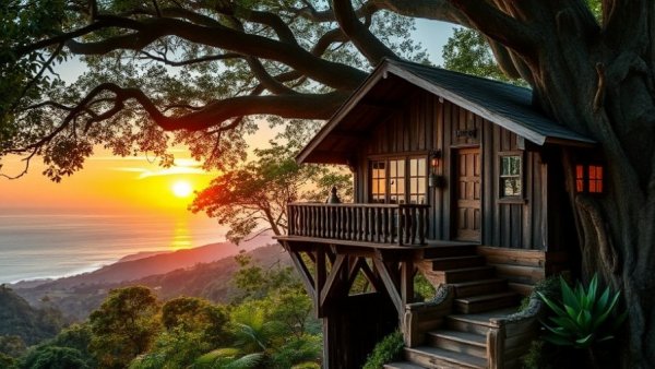 View from Hotel Treehouse Watamu at sunset over lush forest.