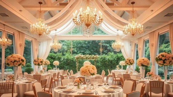 Elegant fusion wedding traditions reception with chandeliers and floral decor.