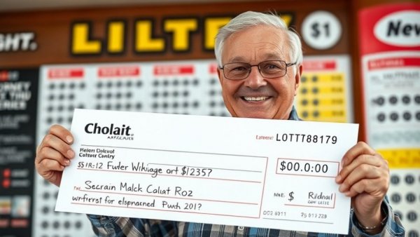 Lotto Max jackpot winner holding a check, smiling against a lottery backdrop.