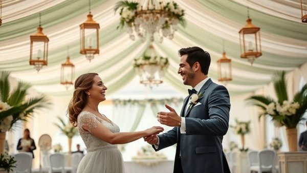 Elegant couple dancing at Palm Beach chic wedding in luxury tent.