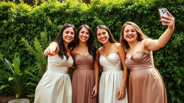 Women taking selfie at Boconnoc Estate wedding amidst greenery.