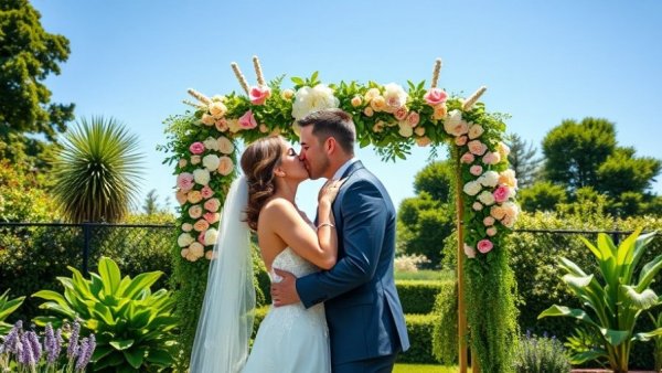 Heritage garden wedding celebration with couple kissing under floral arch.