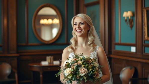 Joyful bride at intimate registry office wedding with bouquet.