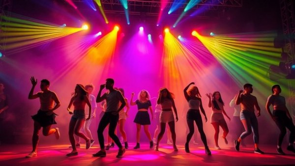 Energetic stage performance during Eurovision preparation with colorful lights and dancers.