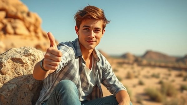 Man discovers missing rock in California desert, thumbs up.